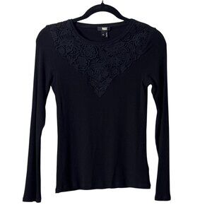 Paige XS Black Lace Embroidered Long-Sleeve Top With Ribbed Texture